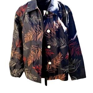French Laundry 100% Silk Embroidered Jacket Leaf Print Black Button Up Petite XL